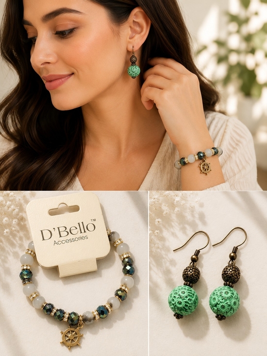 Jewelry - Green Beaded Bracelet & Earrings Set